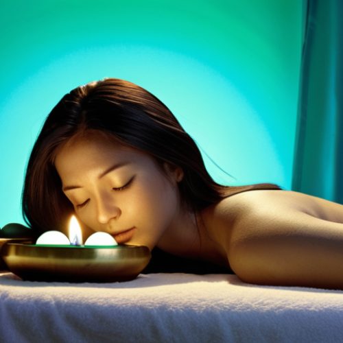 Home 26 **
"A serene spa scene. A woman lies relaxed on a massage table, bathed in soft, diffused blue and green light. Tibetan singing bowls are placed around her, gently vibrating. The atmosphere is peaceful and calming. Focus on the harmony of color and sound. Chromotherapy, Sound Therapy."
**