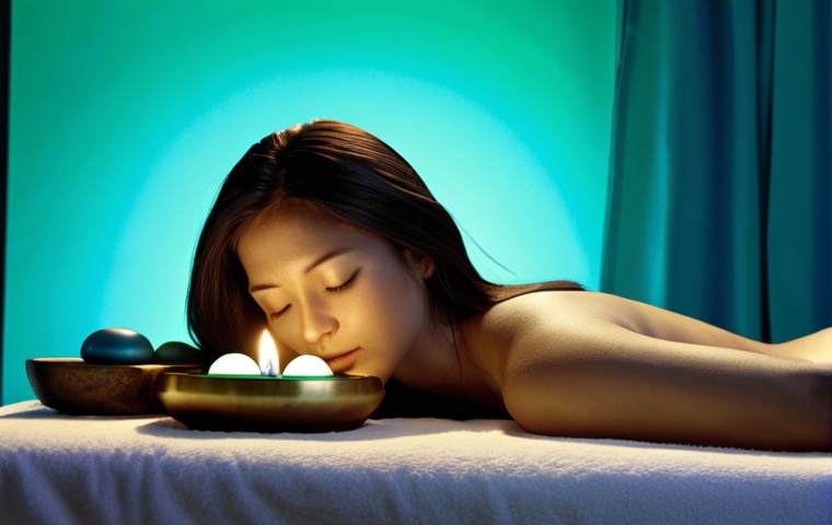 **

"A serene spa scene. A woman lies relaxed on a massage table, bathed in soft, diffused blue and green light. Tibetan singing bowls are placed around her, gently vibrating. The atmosphere is peaceful and calming. Focus on the harmony of color and sound. Chromotherapy, Sound Therapy."

**