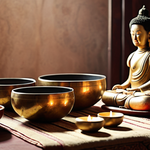 Home 25 **Sound Healing Session:** A serene space with Tibetan singing bowls resonating, bathed in soft light, with essential oil diffusers subtly releasing fragrant aromas. Focus on creating a feeling of deep relaxation and tranquility.