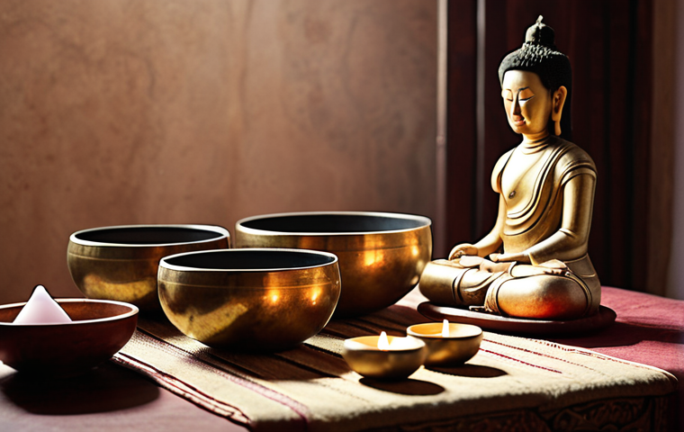 **Sound Healing Session:** A serene space with Tibetan singing bowls resonating, bathed in soft light, with essential oil diffusers subtly releasing fragrant aromas. Focus on creating a feeling of deep relaxation and tranquility.