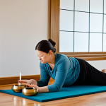 A professional sound therapist, wearing modest and appropriate attire, is intuitively guiding a sound therapy session for a client. The client is fully clothed, relaxed, and lying comfortably on a mat. The therapist is gently playing a set of brass Tibetan singing bowls near the client, with soft, natural light filtering into the tranquil therapy room. The scene emphasizes deep connection and empathetic understanding. Perfect anatomy, correct proportions, natural pose, well-formed hands, proper finger count. safe for work, appropriate content, fully clothed, professional, high quality, studio photography.