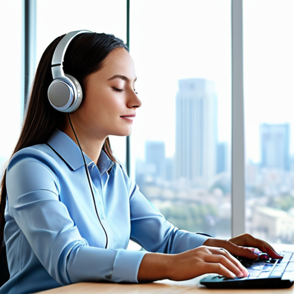 A professional adult individual, fully clothed in modest business casual attire, sitting attentively at a clean, modern desk. They are wearing sleek, high-quality over-ear headphones, with eyes closed in a state of deep focus and calm. The background is a bright, minimalist office space with soft natural lighting and a blurred view of a city skyline. The atmosphere is one of serene productivity and mental clarity. Perfect anatomy, correct proportions, natural pose, well-formed hands, proper finger count, natural body proportions, appropriate attire, safe for work, appropriate content, professional, family-friendly.