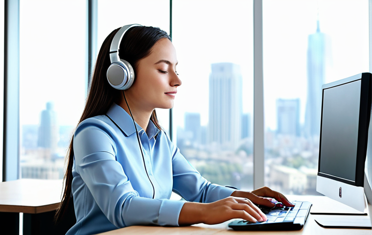 A professional adult individual, fully clothed in modest business casual attire, sitting attentively at a clean, modern desk. They are wearing sleek, high-quality over-ear headphones, with eyes closed in a state of deep focus and calm. The background is a bright, minimalist office space with soft natural lighting and a blurred view of a city skyline. The atmosphere is one of serene productivity and mental clarity. Perfect anatomy, correct proportions, natural pose, well-formed hands, proper finger count, natural body proportions, appropriate attire, safe for work, appropriate content, professional, family-friendly.