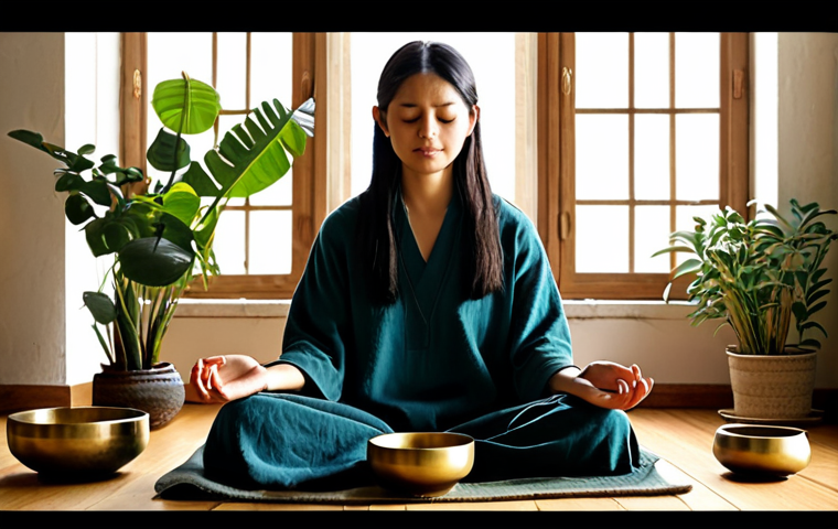 **
"A woman practicing sound therapy with Tibetan singing bowls in a cozy, sunlit studio. She is fully clothed in comfortable, modest clothing. The room has plants and soft lighting. Safe for work, appropriate content, professional setting, perfect anatomy, natural proportions, well-formed hands, proper finger count, family-friendly."
**