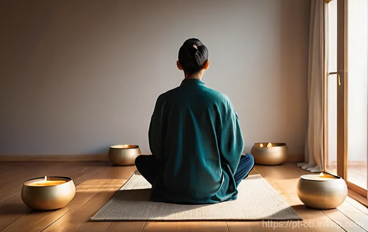 음향치료와 에너지 치유의 융합 - **Prompt 1: "A serene individual deeply immersed in a sound bath session. The setting is a tranquil,...