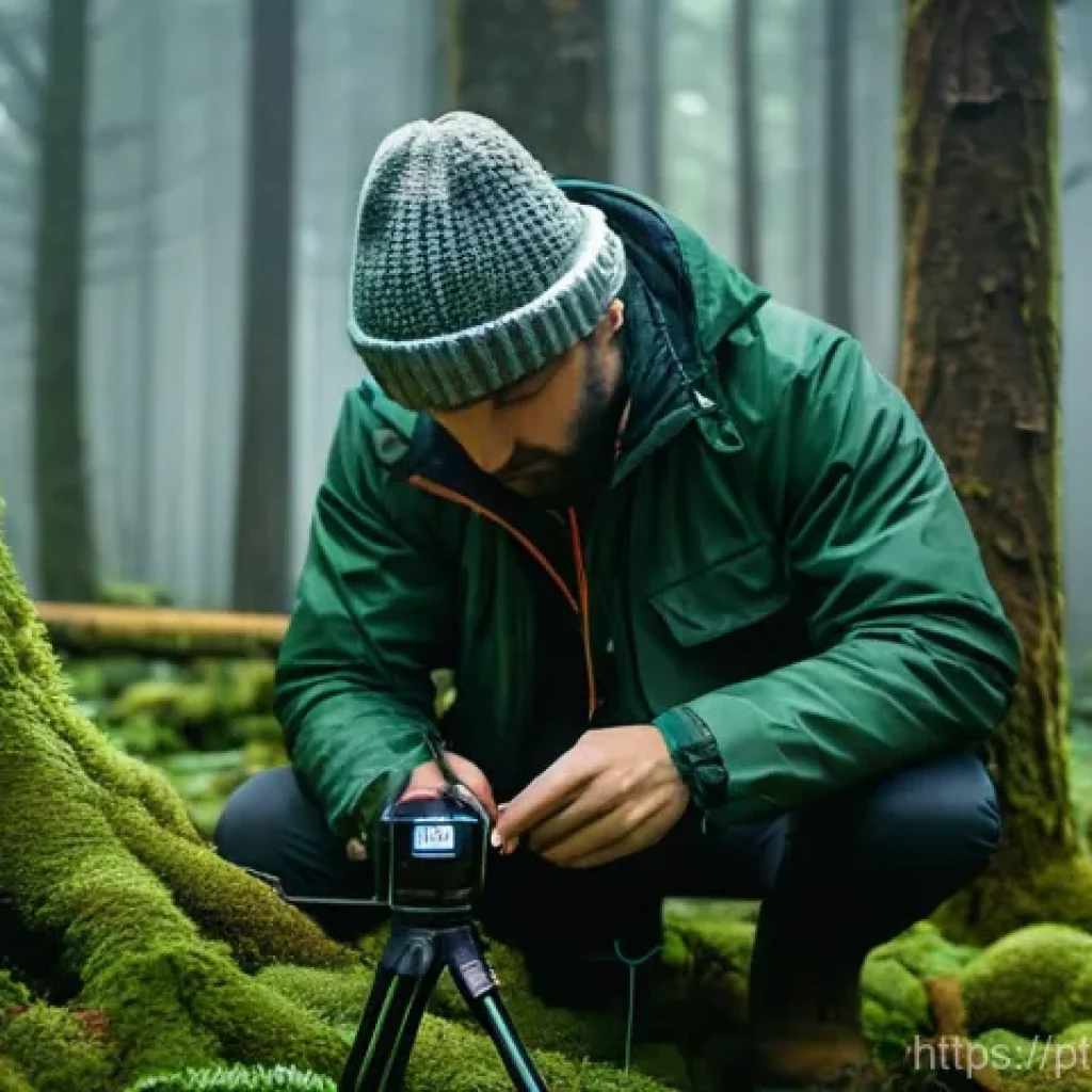 음향치료에서의 소리 기록 기술 - **Prompt:** A serene, wide-angle shot of a lush, misty forest at dawn. In the foreground, a professi...