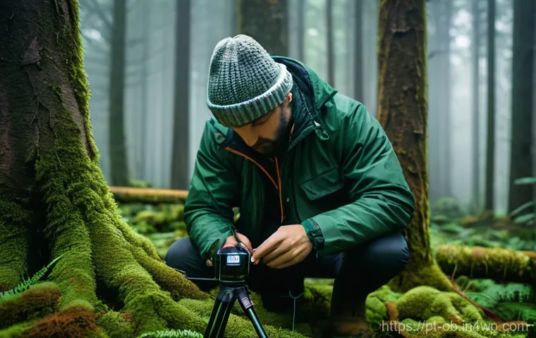 음향치료에서의 소리 기록 기술 - **Prompt:** A serene, wide-angle shot of a lush, misty forest at dawn. In the foreground, a professi...