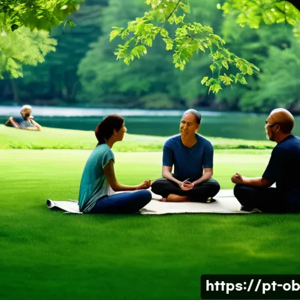 음향치료와 사회적 상호작용의 영향 - A serene outdoor retreat scene featuring a diverse group of adults seated in a circle on soft grass ...