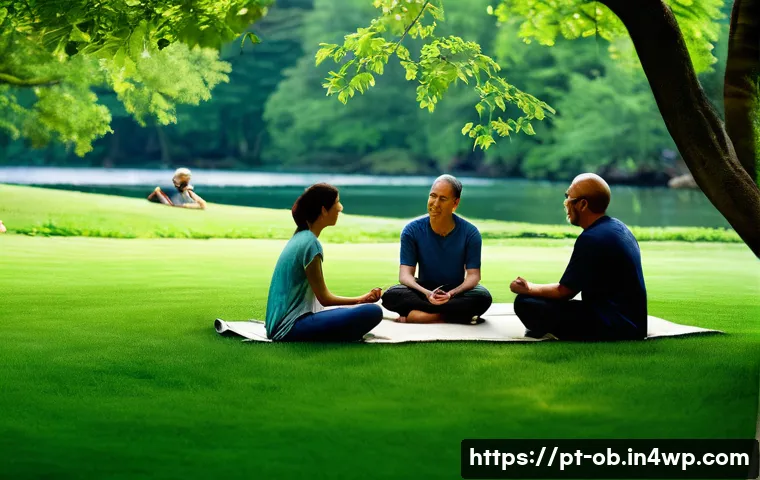음향치료와 사회적 상호작용의 영향 - A serene outdoor retreat scene featuring a diverse group of adults seated in a circle on soft grass ...