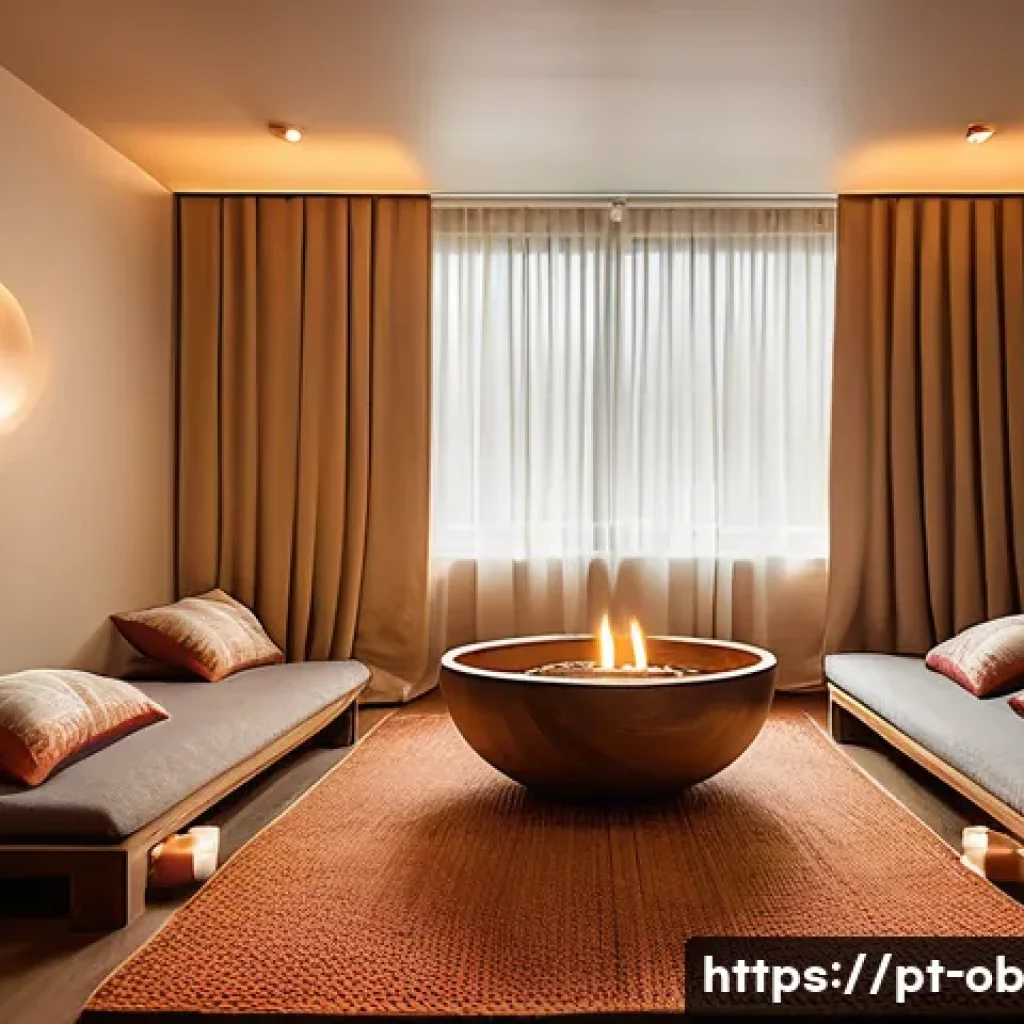 음향치료 세션 진행 시 유의사항 - A serene therapy room designed for sound healing sessions, featuring soft ambient lighting with cand...