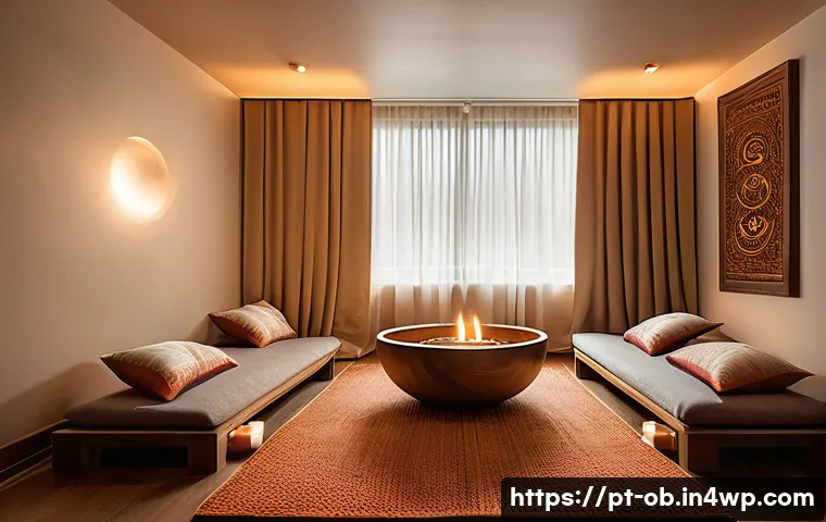 음향치료 세션 진행 시 유의사항 - A serene therapy room designed for sound healing sessions, featuring soft ambient lighting with cand...