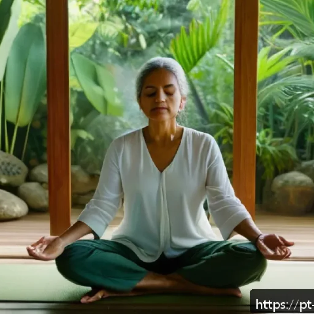 음향치료와 감각 통합 - A serene meditation room bathed in soft natural light, featuring a middle-aged Brazilian woman sitti...