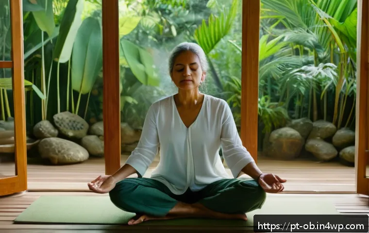음향치료와 감각 통합 - A serene meditation room bathed in soft natural light, featuring a middle-aged Brazilian woman sitti...