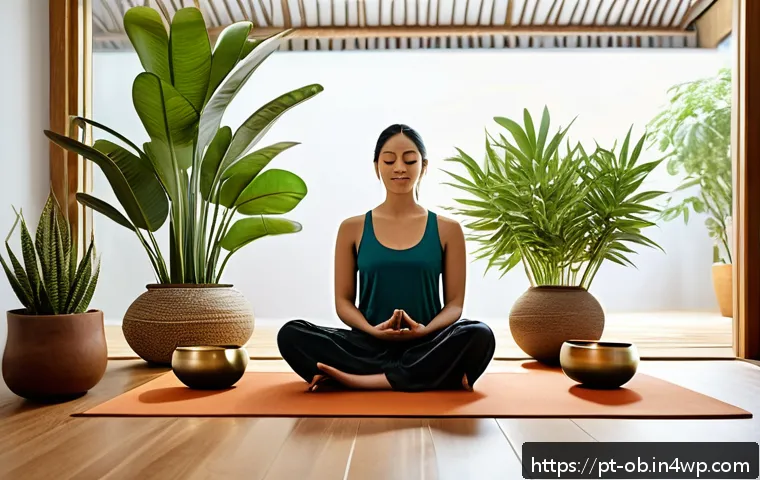 음향치료 전문가 인터뷰 및 사례 - A serene wellness room bathed in soft natural light, featuring a person peacefully meditating while ...