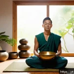 Home 21 음향치료의 통합적 접근법 - A serene wellness room bathed in soft natural light, featuring a person peacefully meditating while ...