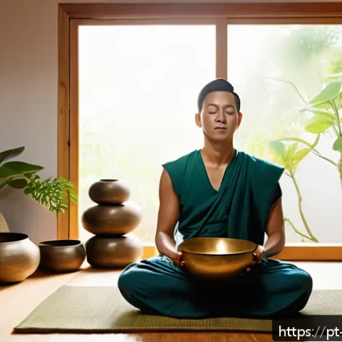 Home 33 음향치료의 통합적 접근법 - A serene wellness room bathed in soft natural light, featuring a person peacefully meditating while ...