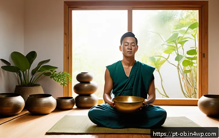 음향치료의 통합적 접근법 - A serene wellness room bathed in soft natural light, featuring a person peacefully meditating while ...