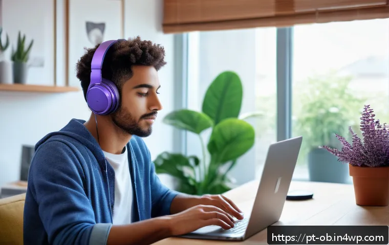 음향치료와 동기부여의 관계 - A serene home office scene featuring a young adult wearing comfortable casual clothing and high-qual...