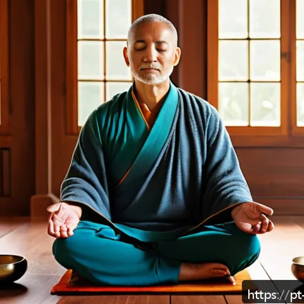 음향치료를 통해 얻는 삶의 질 향상 - A serene indoor meditation space bathed in soft natural light, featuring a middle-aged person sittin...