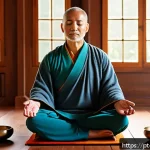 Home 18 음향치료를 통해 얻는 삶의 질 향상 - A serene indoor meditation space bathed in soft natural light, featuring a middle-aged person sittin...