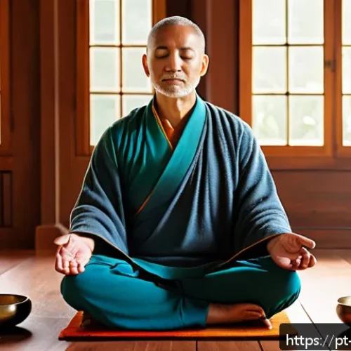 Home 30 음향치료를 통해 얻는 삶의 질 향상 - A serene indoor meditation space bathed in soft natural light, featuring a middle-aged person sittin...