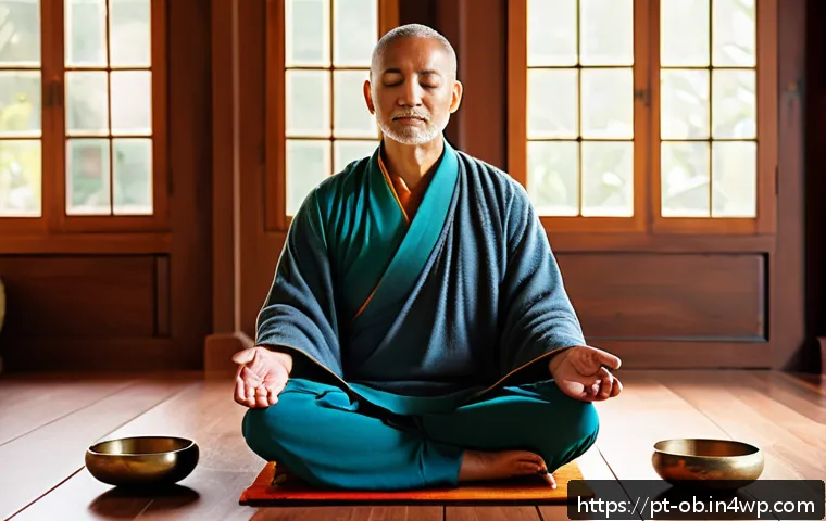 음향치료를 통해 얻는 삶의 질 향상 - A serene indoor meditation space bathed in soft natural light, featuring a middle-aged person sittin...