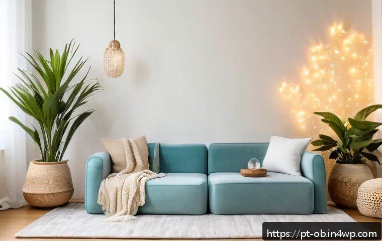 음향치료의 효과를 높이는 환경 설정 - A serene and cozy home sound therapy corner set in a quiet, softly lit bedroom with warm yellow LED ...