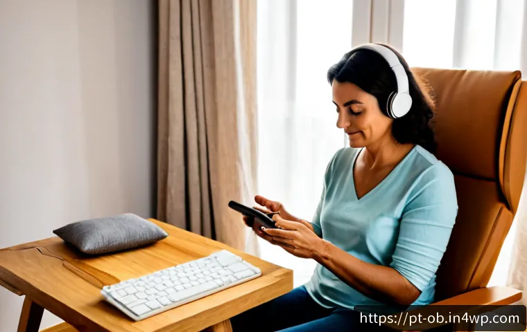Home 17 음향치료와 기술의 융합 - Photorealistic modern sound therapy studio in Portugal, calm middle-aged woman wearing comfortable c...